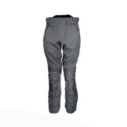 A pair of black Held women's adventure touring textile motorcycle pants, size DL, in very good condition. Features a waterproof climate membrane, abrasion-resistant fabric, and integrated knee and hip protectors.