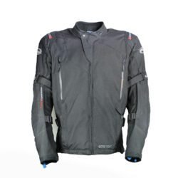 A black Held Gore-Tex premium textile motorcycle jacket, size L, in very good condition. Features a GORE-TEX Pro Shell laminate, Superfabric reinforcements, CE-certified SAS-TEC Quattrotempi protectors at shoulders, elbows, and back, and multiple ventilation zippers for sport-touring and adventure riding.