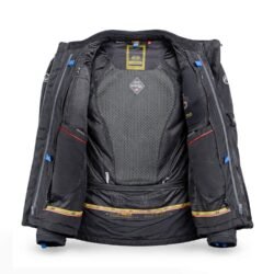 A black Held Gore-Tex premium textile motorcycle jacket, size L, in very good condition. Features a GORE-TEX Pro Shell laminate, Superfabric reinforcements, CE-certified SAS-TEC Quattrotempi protectors at shoulders, elbows, and back, and multiple ventilation zippers for sport-touring and adventure riding.