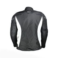 A black and white IXS Alana Evo women's touring and adventure textile motorcycle jacket, size DM, in very good condition. Features a waterproof Solto-TEX Z-liner membrane, CE-Level 1 shoulder and elbow protectors, and a removable thermal liner.