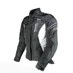 A black and white IXS Alana Evo women's touring and adventure textile motorcycle jacket, size DM, in very good condition. Features a waterproof Solto-TEX Z-liner membrane, CE-Level 1 shoulder and elbow protectors, and a removable thermal liner.