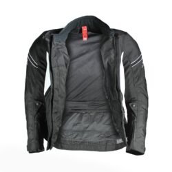 A black and white IXS Alana Evo women's touring and adventure textile motorcycle jacket, size DM, in very good condition. Features a waterproof Solto-TEX Z-liner membrane, CE-Level 1 shoulder and elbow protectors, and a removable thermal liner.