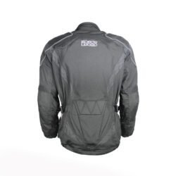 A black IXS touring and adventure textile motorcycle jacket, size M, in very good condition. Features a waterproof Solto-TEX Z-Liner membrane, multiple ventilation openings, 9 pockets including waterproof options, adjustable fit, and CE-rated shoulder, elbow, and back protectors