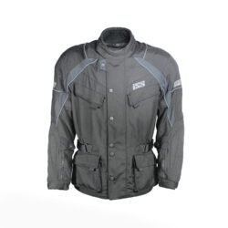 A black IXS touring and adventure textile motorcycle jacket, size M, in very good condition. Features a waterproof Solto-TEX Z-Liner membrane, multiple ventilation openings, 9 pockets including waterproof options, adjustable fit, and CE-rated shoulder, elbow, and back protectors