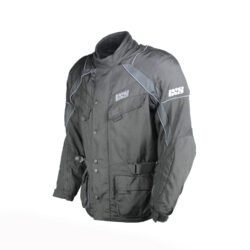 A black IXS touring and adventure textile motorcycle jacket, size M, in very good condition. Features a waterproof Solto-TEX Z-Liner membrane, multiple ventilation openings, 9 pockets including waterproof options, adjustable fit, and CE-rated shoulder, elbow, and back protectors