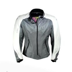 A grey Ixon Flora Mania women's summer mesh motorcycle jacket, size 2XL, in very good condition. Features Spytech polyester construction with mesh panels for ventilation, CE-certified shoulder and elbow protectors, a foam back protector, and multiple pockets.