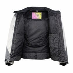 A grey Ixon Flora Mania women's summer mesh motorcycle jacket, size 2XL, in very good condition. Features Spytech polyester construction with mesh panels for ventilation, CE-certified shoulder and elbow protectors, a foam back protector, and multiple pockets.