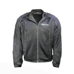 A black Ixon Hacker summer mesh motorcycle jacket, size 3XL, in very good condition. Features Spylex polyester construction with extensive mesh panels for ventilation, CE-certified shoulder and elbow protectors, a back protector, and multiple adjustments for a custom fit.