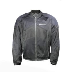 A black Ixon Hacker summer mesh motorcycle jacket, size 3XL, in very good condition. Features Spylex polyester construction with extensive mesh panels for ventilation, CE-certified shoulder and elbow protectors, a back protector, and multiple adjustments for a custom fit.