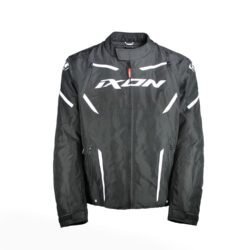 A black and white Ixon Striker waterproof textile motorcycle jacket, size 3XL, in very good condition. Features a breathable membrane, removable thermal liner, Level 1 CE shoulder and elbow protectors, ventilation zips, and multiple pockets for touring and street riding