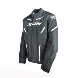 A black and white Ixon Striker waterproof textile motorcycle jacket, size 3XL, in very good condition. Features a breathable membrane, removable thermal liner, Level 1 CE shoulder and elbow protectors, ventilation zips, and multiple pockets for touring and street riding
