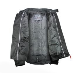 A black and white Ixon Striker waterproof textile motorcycle jacket, size 3XL, in very good condition. Features a breathable membrane, removable thermal liner, Level 1 CE shoulder and elbow protectors, ventilation zips, and multiple pockets for touring and street riding