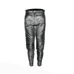 A pair of black café-racer and street style leather motorcycle pants, size 52, in very good condition. Features light foam protection for knees and hips.