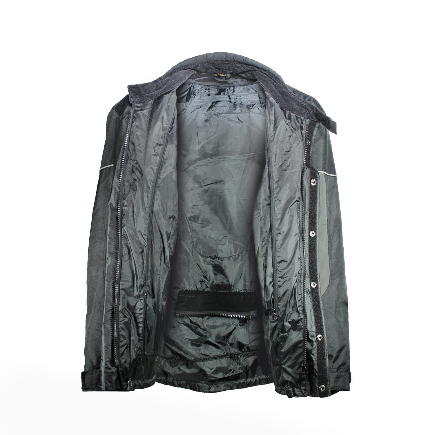 A black and grey textile motorcycle jacket, size XL, in good condition. Features street and touring styling without integrated protectors. The thermal liner is not included
