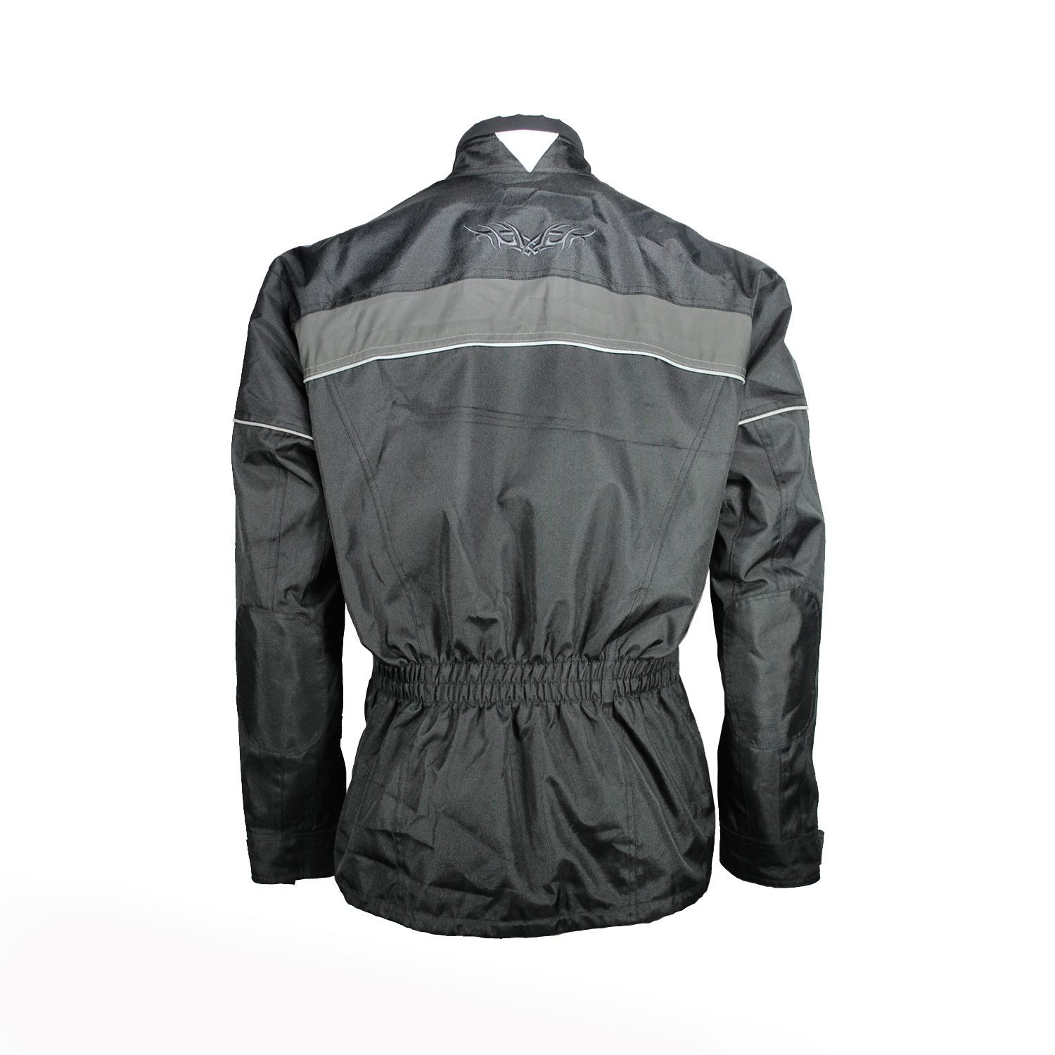 A black and grey textile motorcycle jacket, size XL, in good condition. Features street and touring styling without integrated protectors. The thermal liner is not included