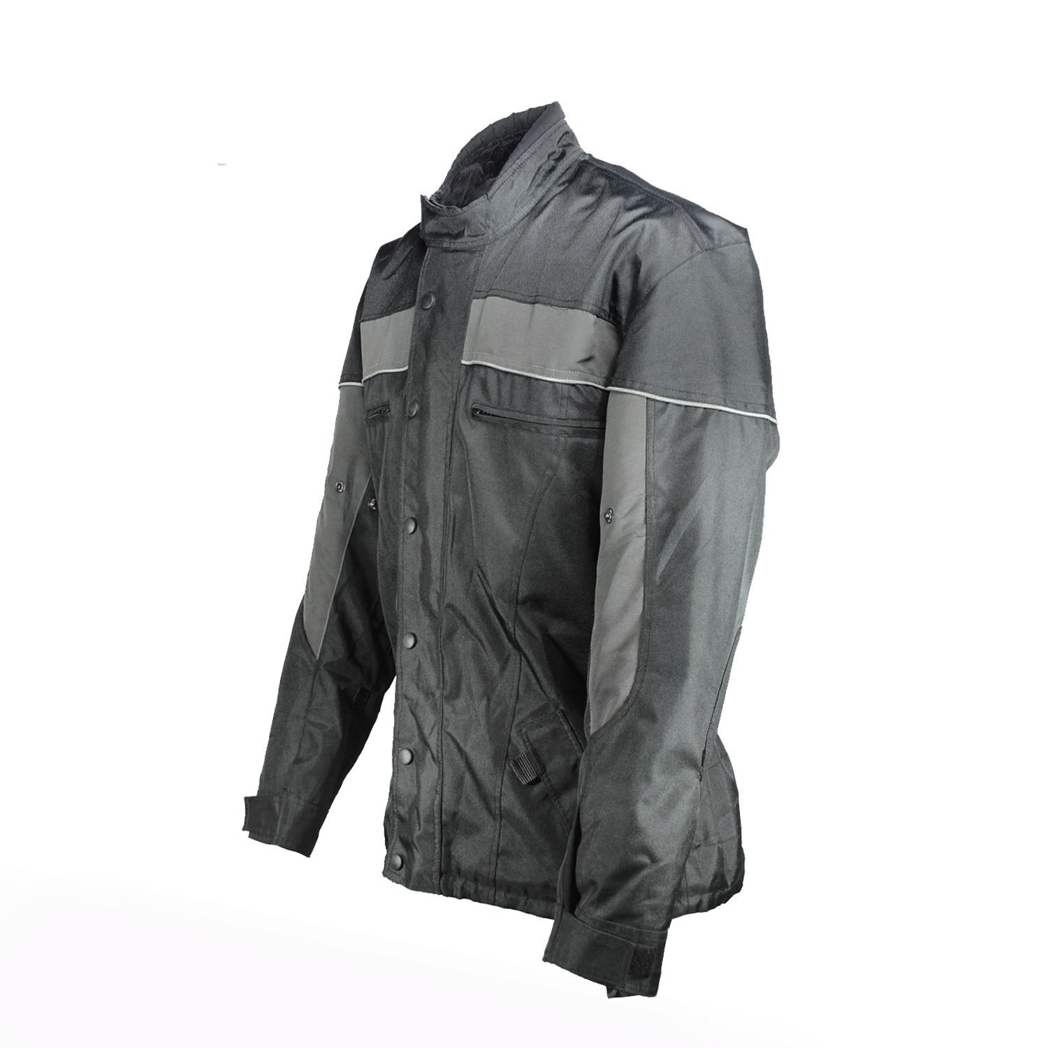 A black and grey textile motorcycle jacket, size XL, in good condition. Features street and touring styling without integrated protectors. The thermal liner is not included