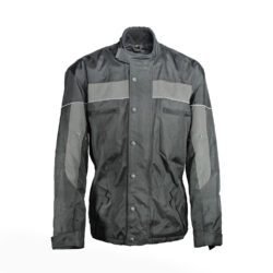 A black and grey textile motorcycle jacket, size XL, in good condition. Features street and touring styling without integrated protectors. The thermal liner is not included