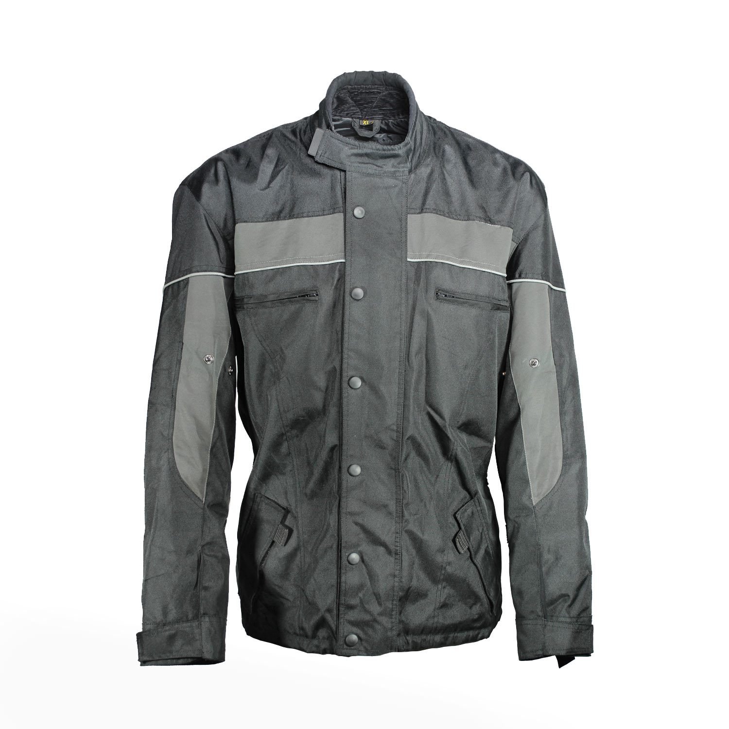 A black and grey textile motorcycle jacket, size XL, in good condition. Features street and touring styling without integrated protectors. The thermal liner is not included