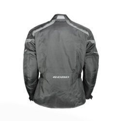 A black Road Polo all-weather textile motorcycle jacket, size XL (54-56), in very good condition. Features a waterproof Klimat membrane, removable thermal liner, adjustable fit, and shoulder and elbow protectors for touring and street riding.