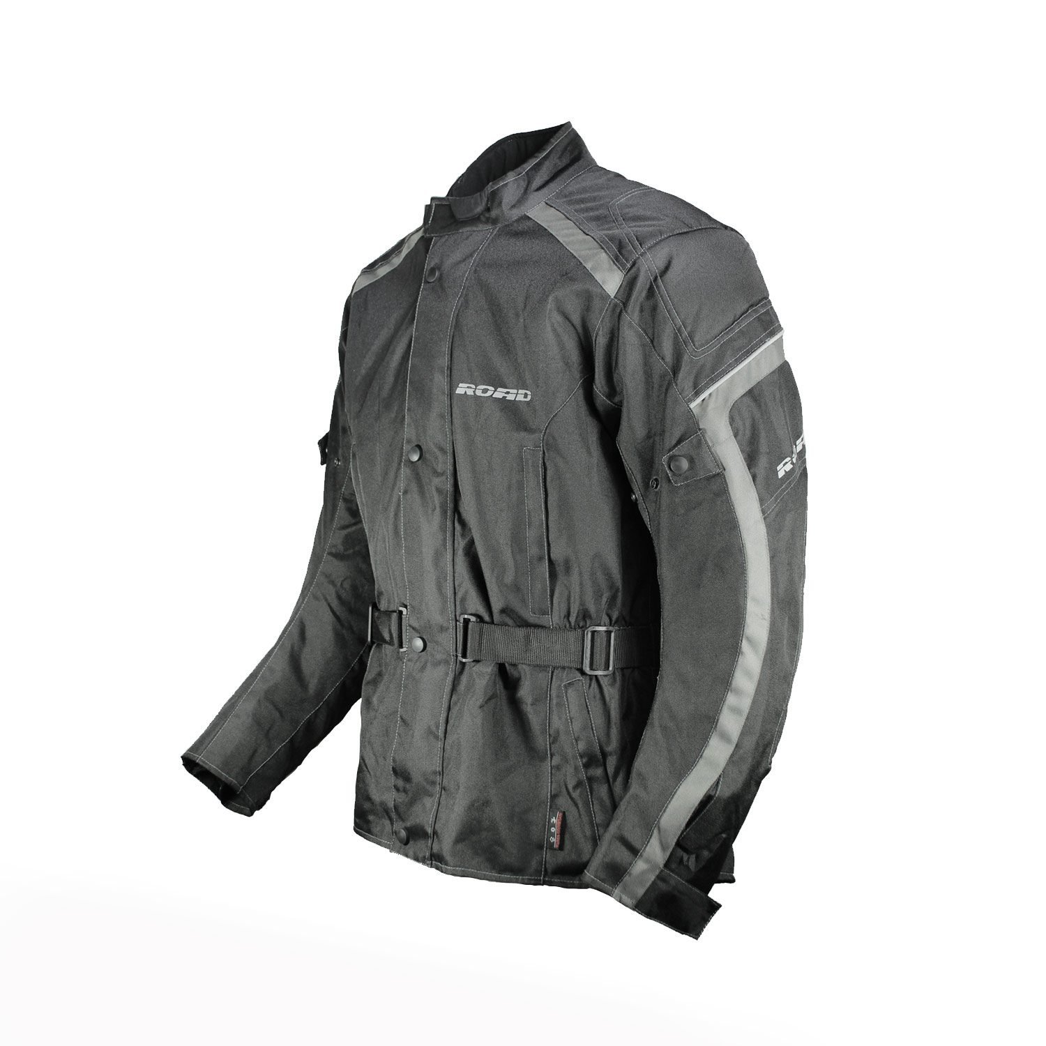 A black Road Polo all-weather textile motorcycle jacket, size XL (54-56), in very good condition. Features a waterproof Klimat membrane, removable thermal liner, adjustable fit, and shoulder and elbow protectors for touring and street riding.