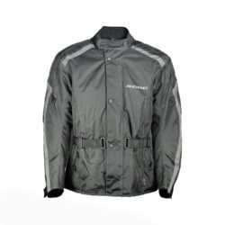 A black Road Polo all-weather textile motorcycle jacket, size XL (54-56), in very good condition. Features a waterproof Klimat membrane, removable thermal liner, adjustable fit, and shoulder and elbow protectors for touring and street riding.