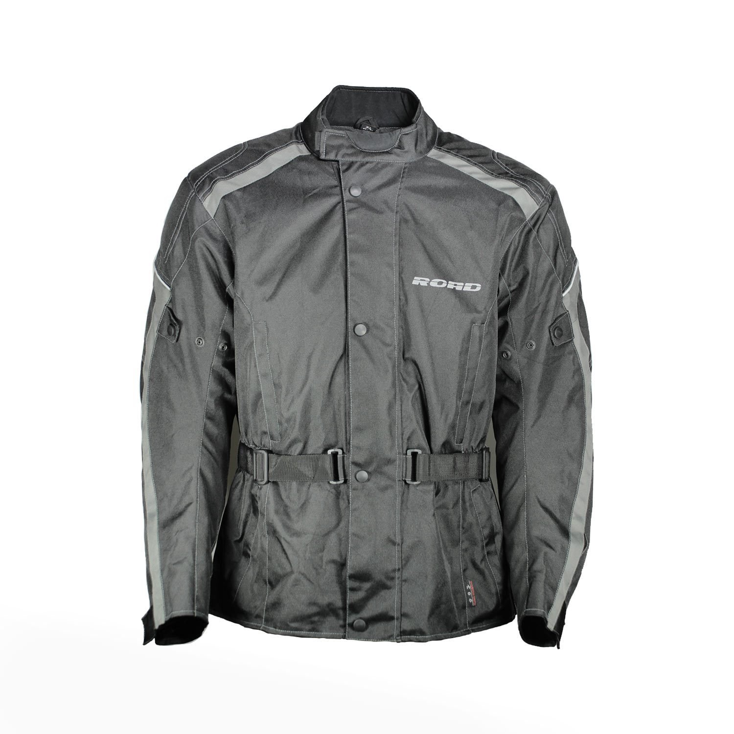 A black Road Polo all-weather textile motorcycle jacket, size XL (54-56), in very good condition. Features a waterproof Klimat membrane, removable thermal liner, adjustable fit, and shoulder and elbow protectors for touring and street riding.