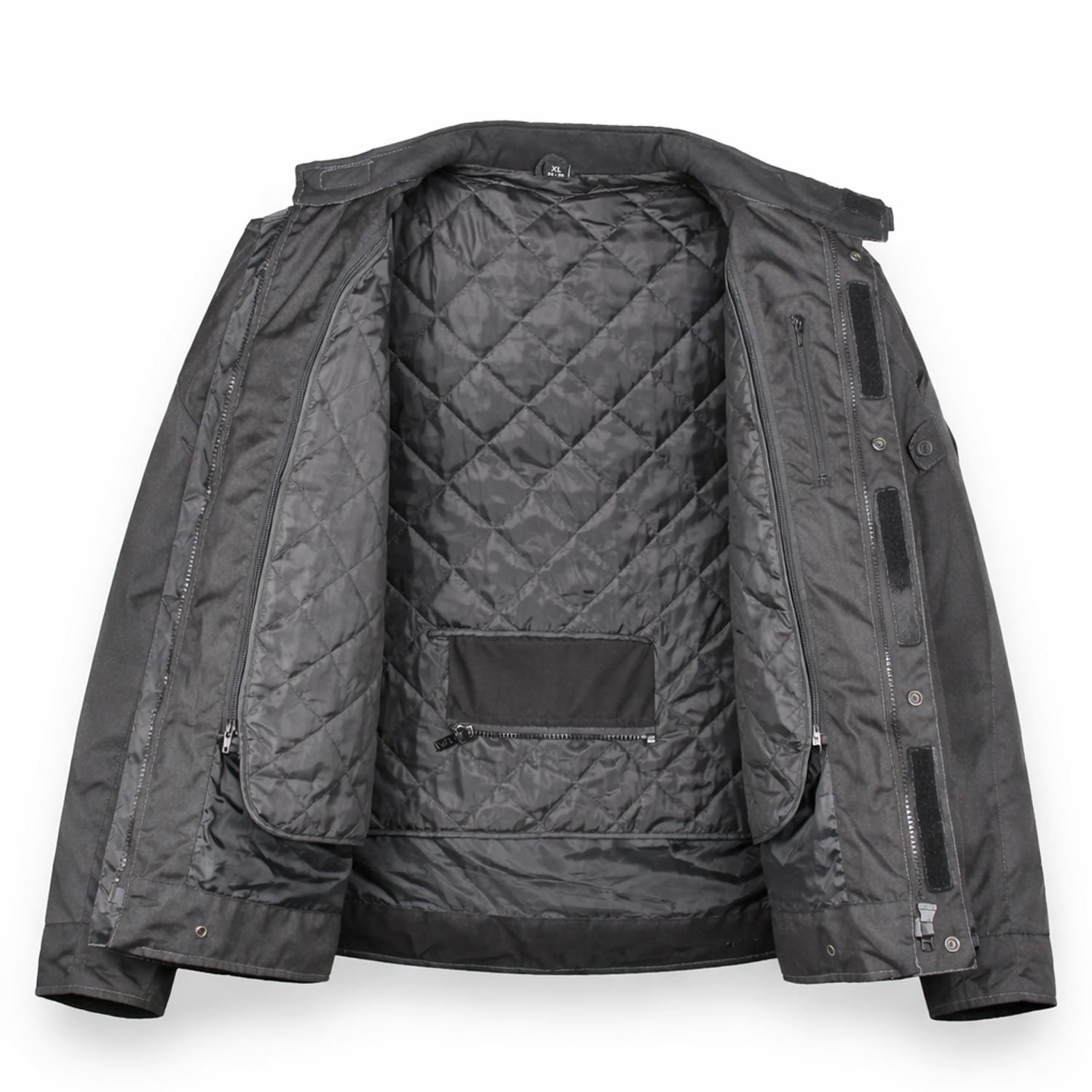 A black Road Polo all-weather textile motorcycle jacket, size XL (54-56), in very good condition. Features a waterproof Klimat membrane, removable thermal liner, adjustable fit, and shoulder and elbow protectors for touring and street riding.