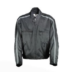 A black Probiker classic-style textile motorcycle jacket, size XXL, in like-new condition. Features integrated shoulder, elbow, and back protectors for touring and street riding in fair weather.