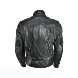 A black Sace leather motorcycle jacket, size L/54, in very good condition. Features a cruiser and café-racer style with a removable thermal liner, ventilation openings, and CE-rated protection for elbows, shoulders, and back.