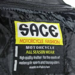 A black Sace leather motorcycle jacket, size L/54, in very good condition. Features a cruiser and café-racer style with a removable thermal liner, ventilation openings, and CE-rated protection for elbows, shoulders, and back.