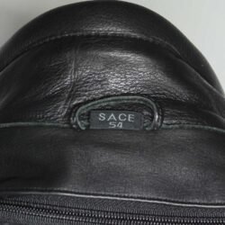 A black Sace leather motorcycle jacket, size L/54, in very good condition. Features a cruiser and café-racer style with a removable thermal liner, ventilation openings, and CE-rated protection for elbows, shoulders, and back.