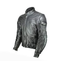 A black Sace leather motorcycle jacket, size L/54, in very good condition. Features a cruiser and café-racer style with a removable thermal liner, ventilation openings, and CE-rated protection for elbows, shoulders, and back.