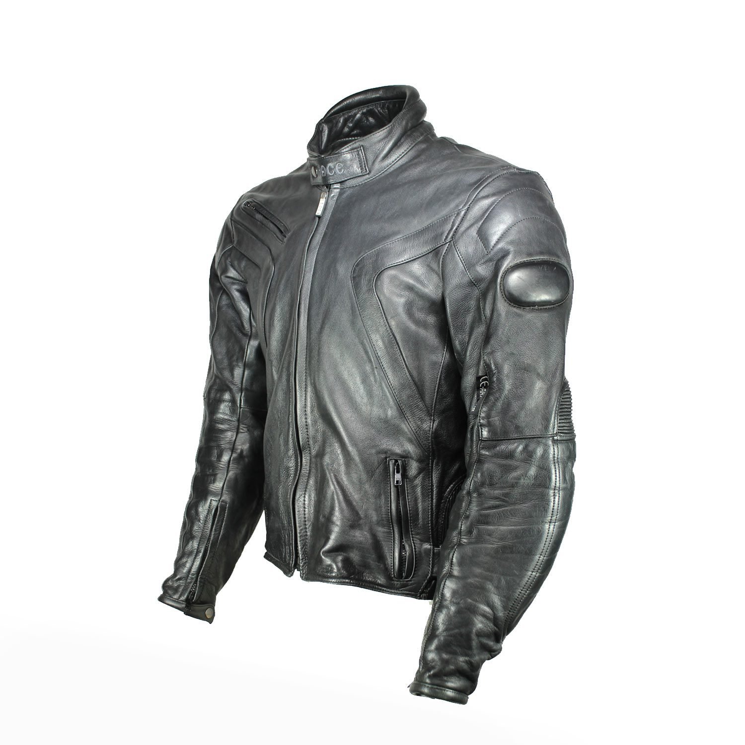 A black Sace leather motorcycle jacket, size L/54, in very good condition. Features a cruiser and café-racer style with a removable thermal liner, ventilation openings, and CE-rated protection for elbows, shoulders, and back.