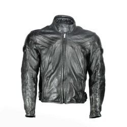 A black Sace leather motorcycle jacket, size L/54, in very good condition. Features a cruiser and café-racer style with a removable thermal liner, ventilation openings, and CE-rated protection for elbows, shoulders, and back.