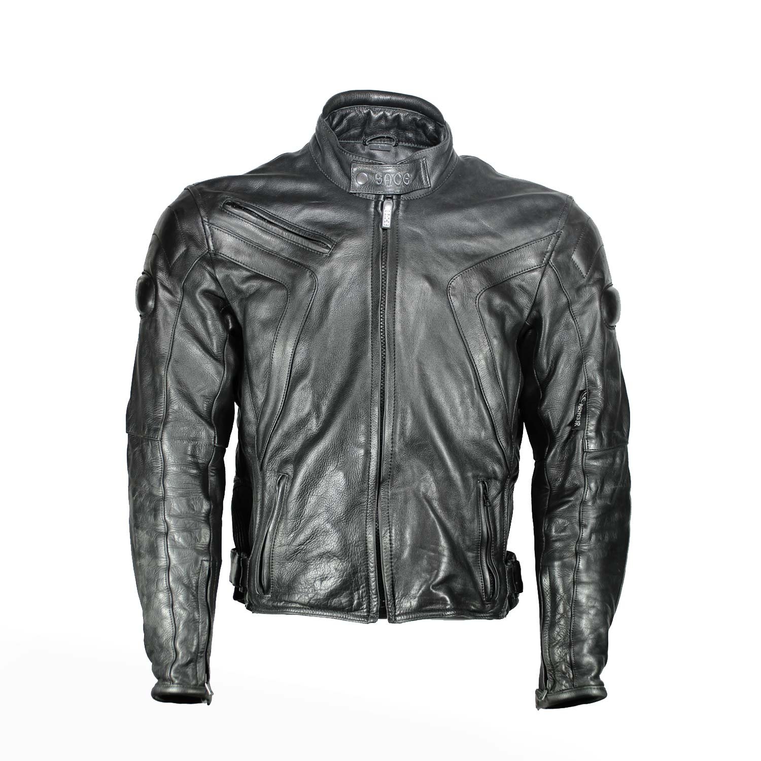 A black Sace leather motorcycle jacket, size L/54, in very good condition. Features a cruiser and café-racer style with a removable thermal liner, ventilation openings, and CE-rated protection for elbows, shoulders, and back.