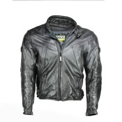 A black Sace leather motorcycle jacket, size L/54, in very good condition. Features a cruiser and café-racer style with a removable thermal liner, ventilation openings, and CE-rated protection for elbows, shoulders, and back.