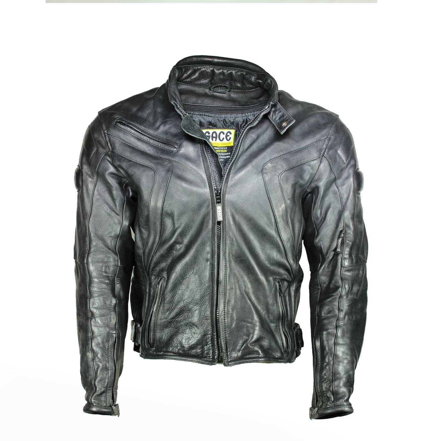 A black Sace leather motorcycle jacket, size L/54, in very good condition. Features a cruiser and café-racer style with a removable thermal liner, ventilation openings, and CE-rated protection for elbows, shoulders, and back.