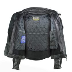 A black Sace leather motorcycle jacket, size L/54, in very good condition. Features a cruiser and café-racer style with a removable thermal liner, ventilation openings, and CE-rated protection for elbows, shoulders, and back.