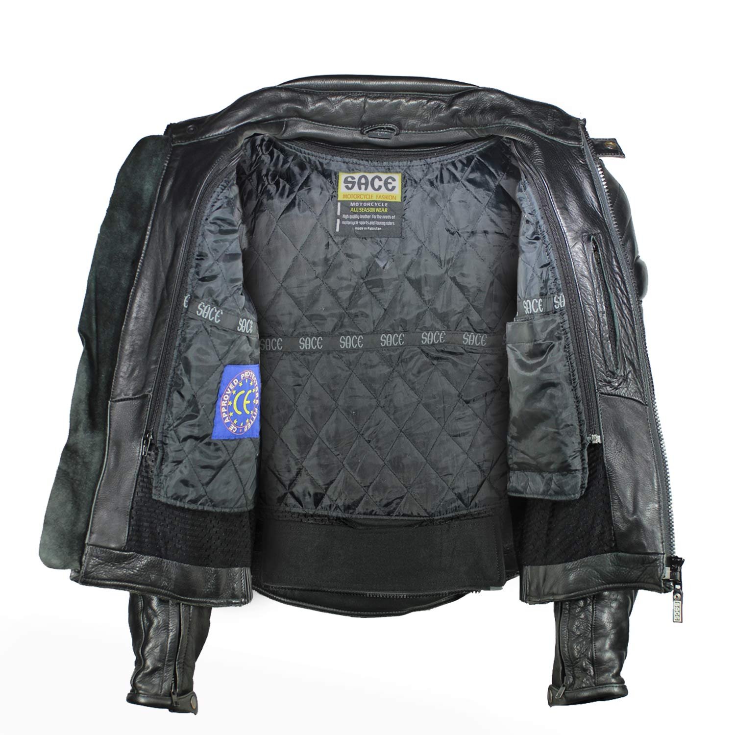 A black Sace leather motorcycle jacket, size L/54, in very good condition. Features a cruiser and café-racer style with a removable thermal liner, ventilation openings, and CE-rated protection for elbows, shoulders, and back.