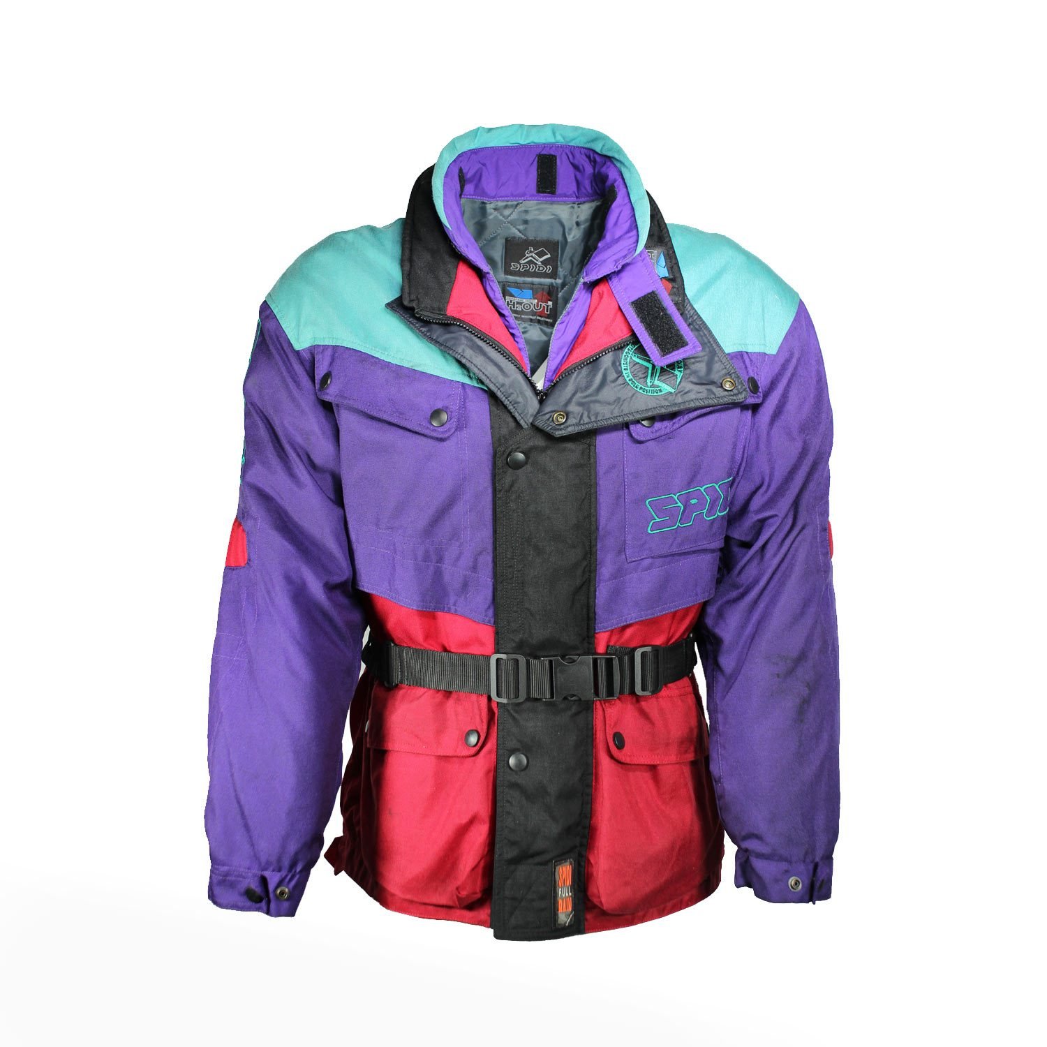 A multi-colored Spidi H2Out vintage-style textile motorcycle jacket, size 52 (XL, 106-112 cm chest), in very good condition. Features a waterproof H2Out membrane, thermal liner, and CE-certified shoulder and elbow protectors for street and touring riding.