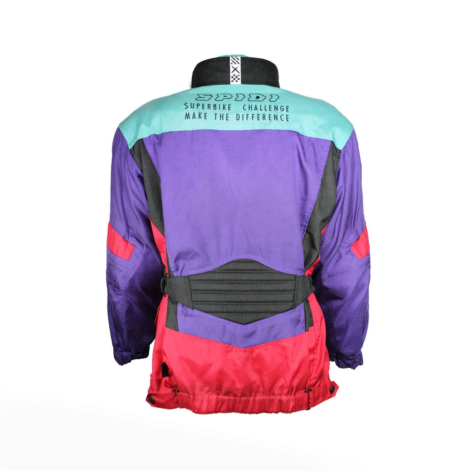 A multi-colored Spidi H2Out vintage-style textile motorcycle jacket, size 52 (XL, 106-112 cm chest), in very good condition. Features a waterproof H2Out membrane, thermal liner, and CE-certified shoulder and elbow protectors for street and touring riding.