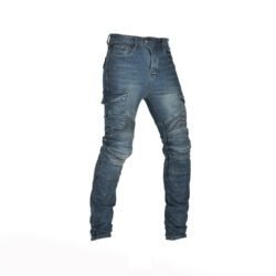 Men's denim blue motorcycle riding jeans with removable knee and hip protectors