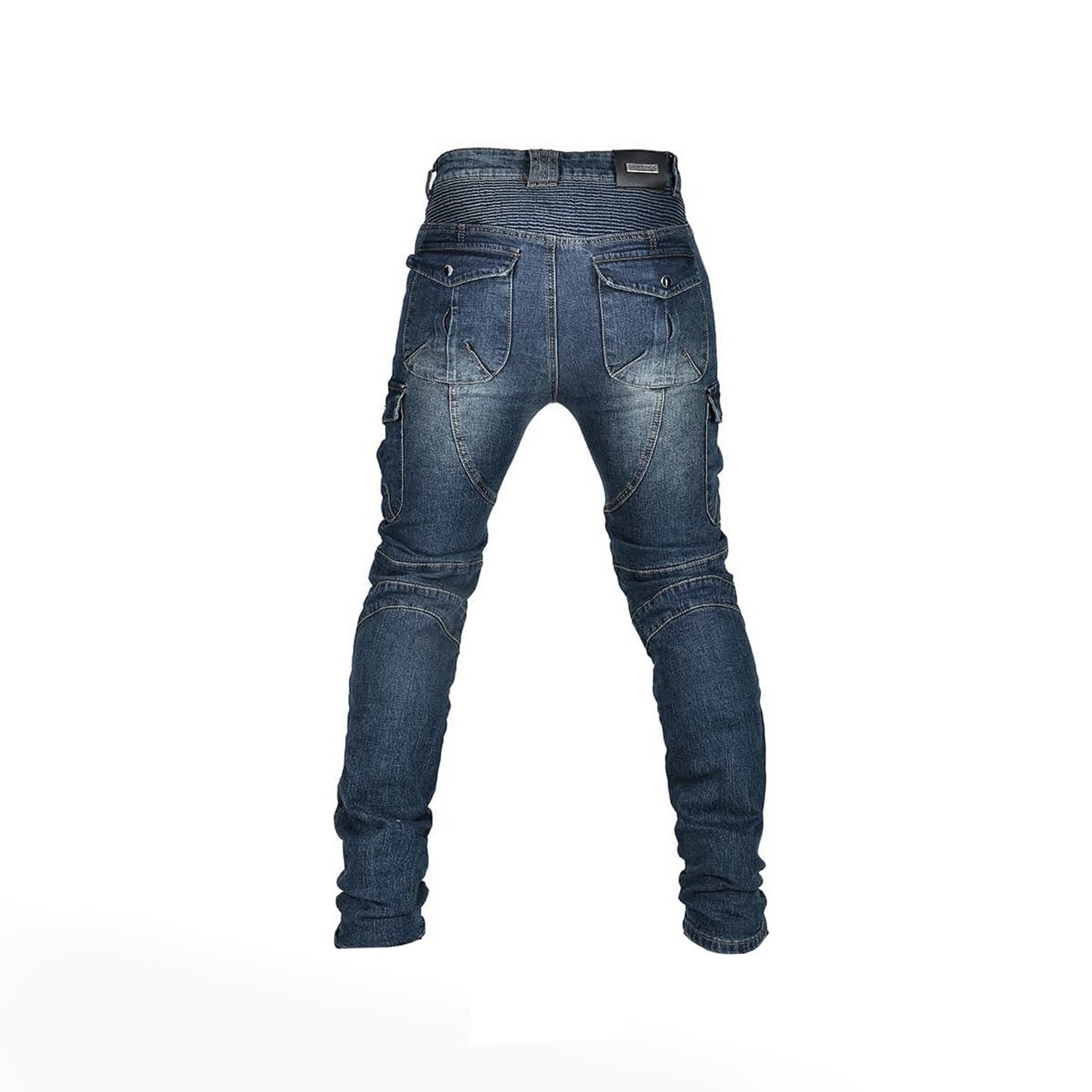 Men's denim blue wear-resistant stretch denim motorcycle riding jeans with removable knee and hip protectors