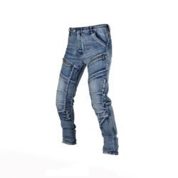 Men's denim blue wear-resistant stretch denim motorcycle riding jeans with removable knee and hip protectors