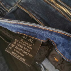 Men's denim blue motorcycle riding jeans with removable knee and hip protectors