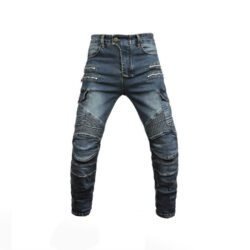 Men's denim blue motorcycle riding jeans with removable knee and hip protectors