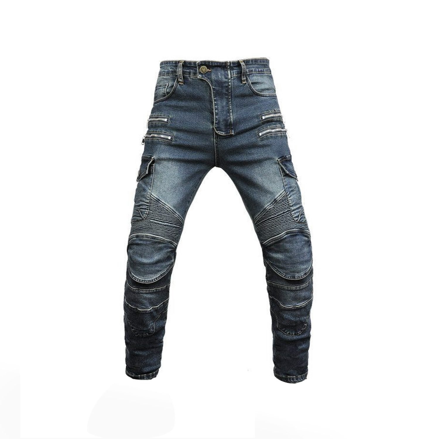 Men's denim blue motorcycle riding jeans with removable knee and hip protectors