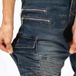 Men's denim blue wear-resistant stretch denim motorcycle riding jeans with removable knee and hip protectors