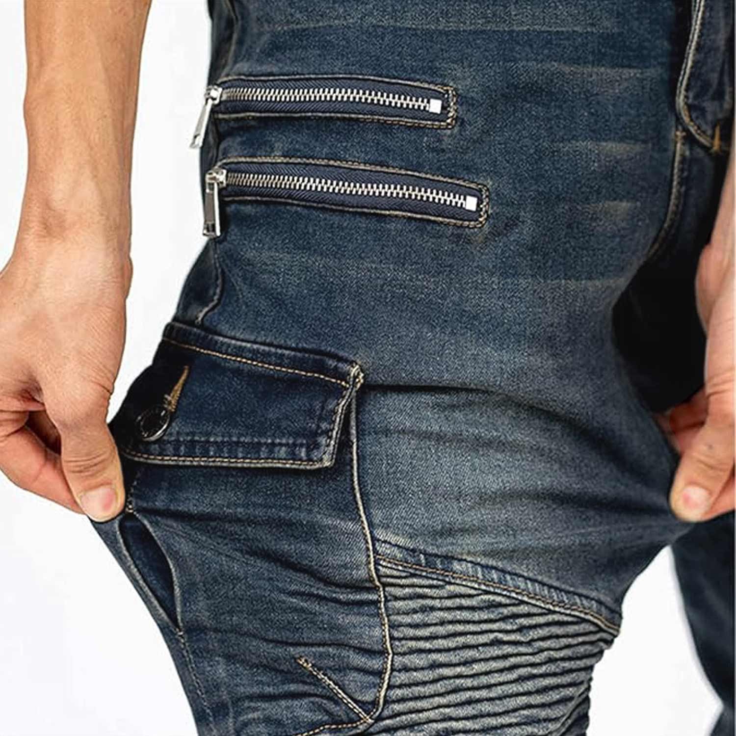 Men's denim blue wear-resistant stretch denim motorcycle riding jeans with removable knee and hip protectors