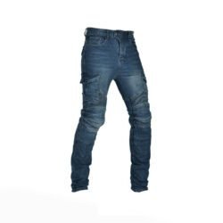 Men's denim blue motorcycle riding jeans with removable knee and hip protectors